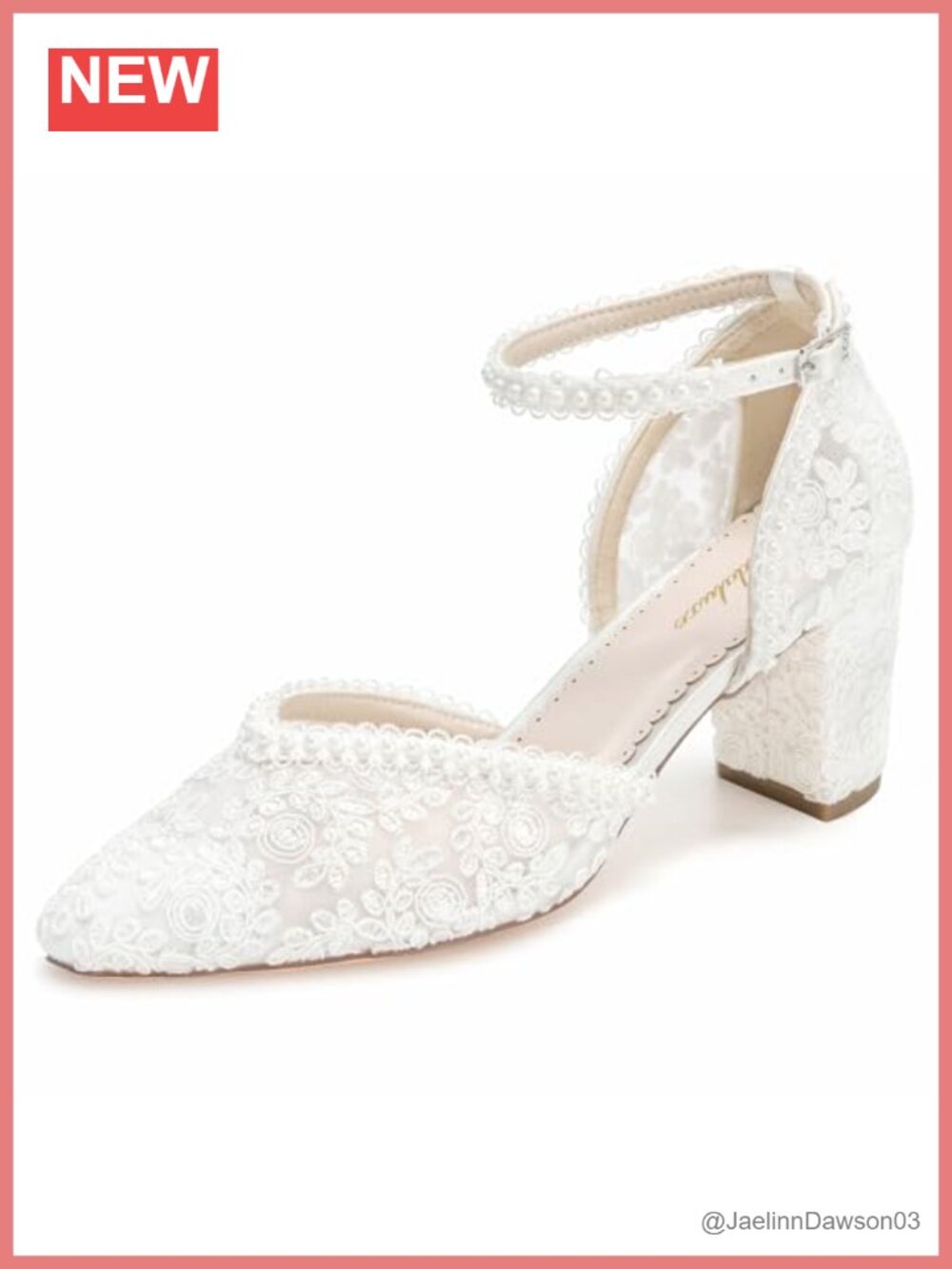 Women's Closed Toe Wedding Shoes Block Heel Lace Pearl Ankle Strap Bridal Heels